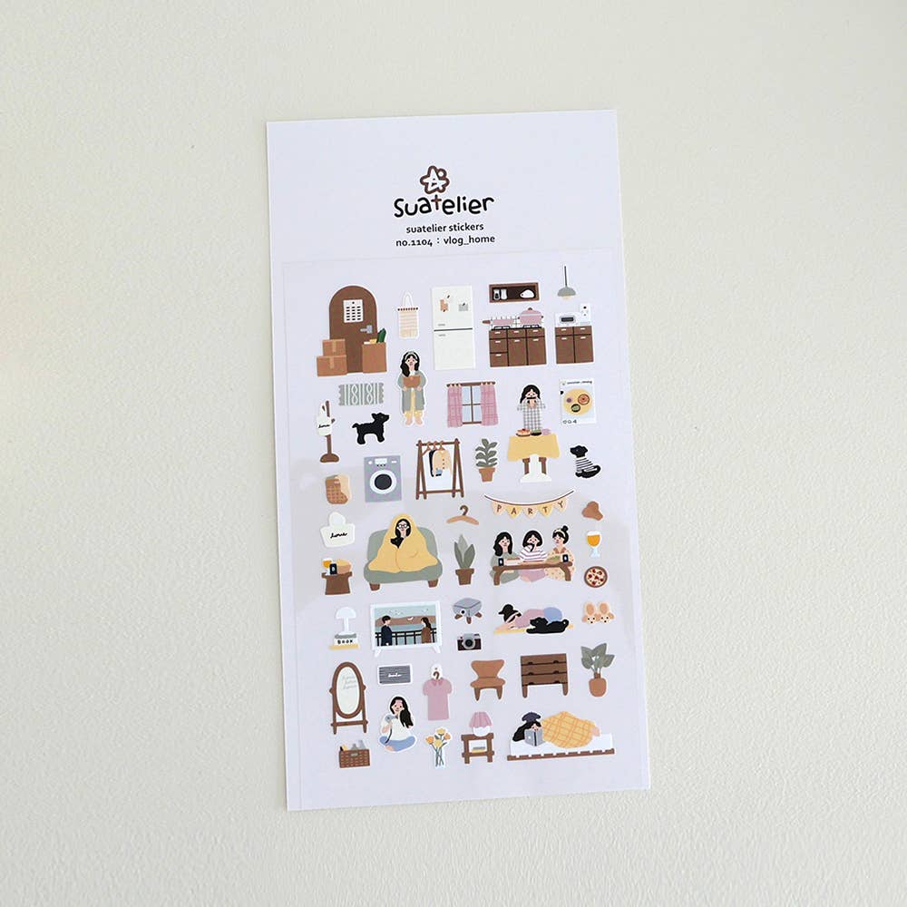 Sheet of illustrated Suatelier stickers with homebody theme on a white background