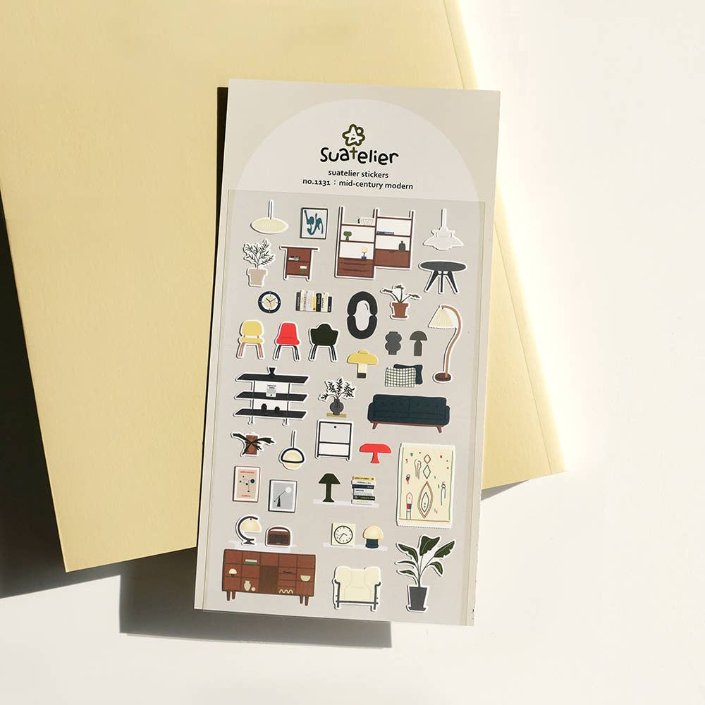 Sticker sheet with furniture illustrations by Suetelier on a white background