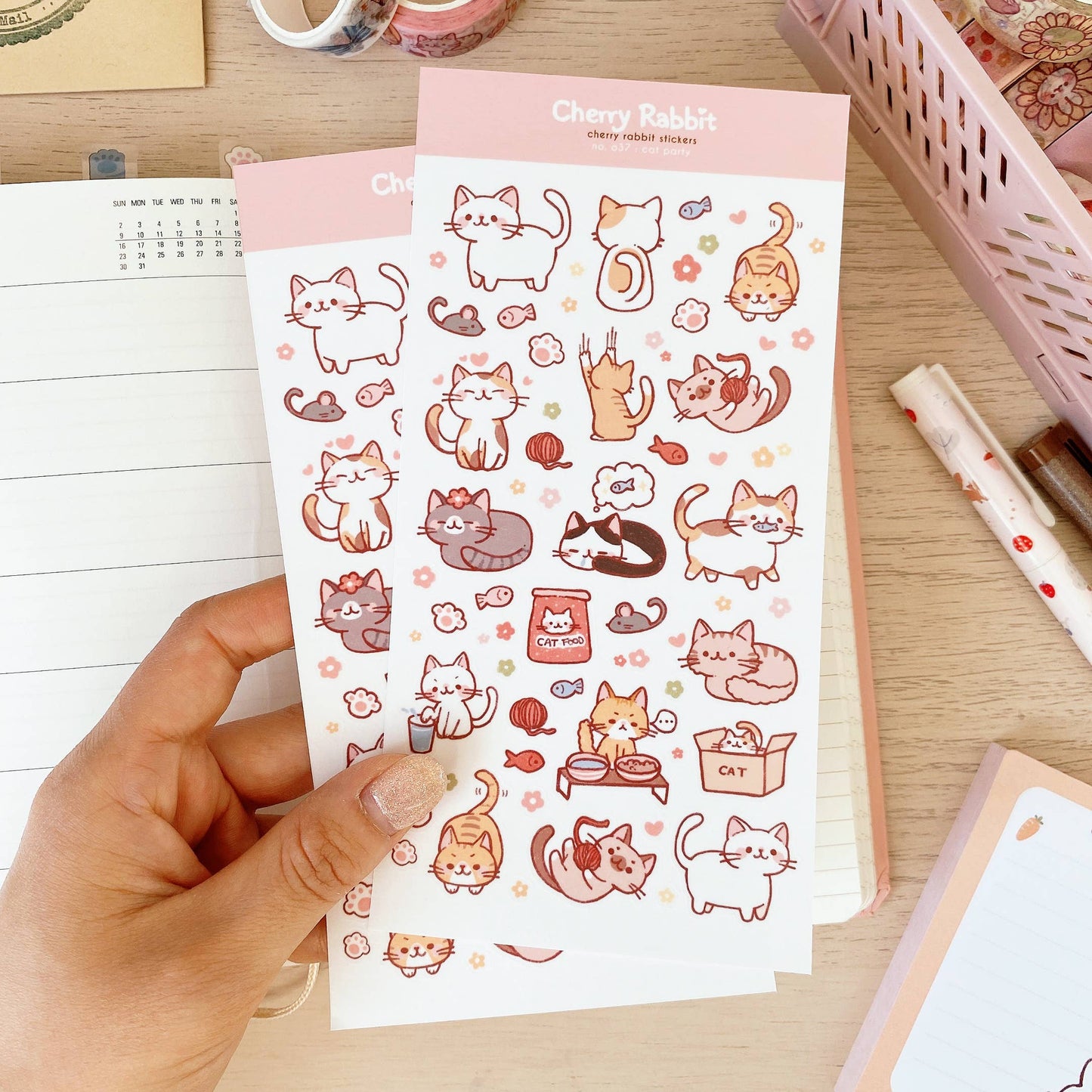 Cherry Rabbit Sticker Sheet - Cat Party