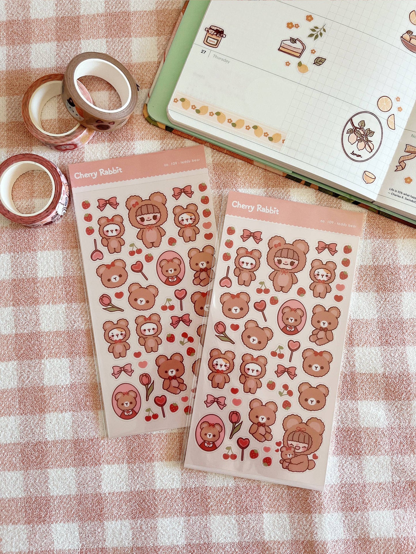 Cherry Rabbit Sticker Sheet - Teddy Bear