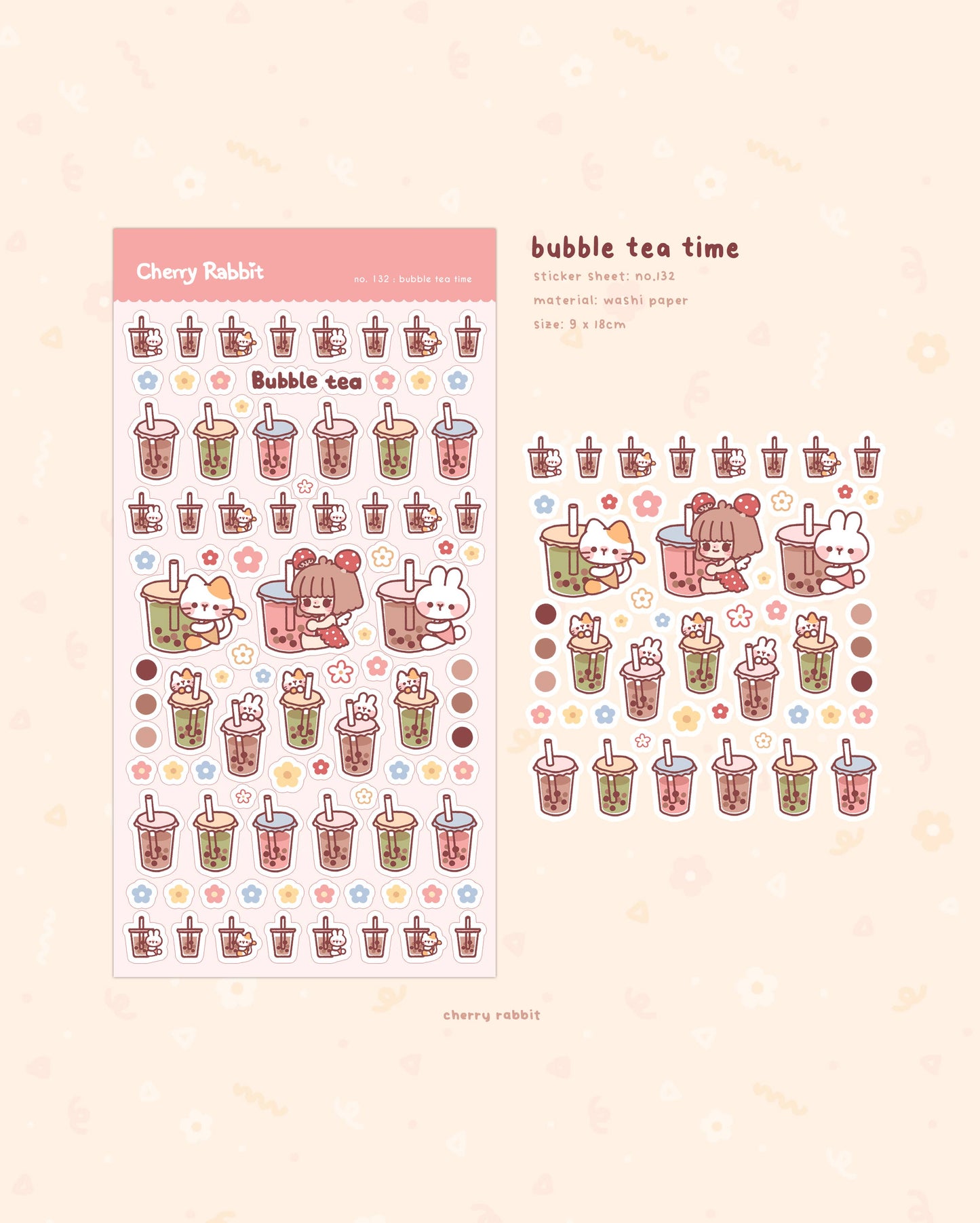 Cherry Rabbit Sticker Sheet - Bubble Tea Time #132