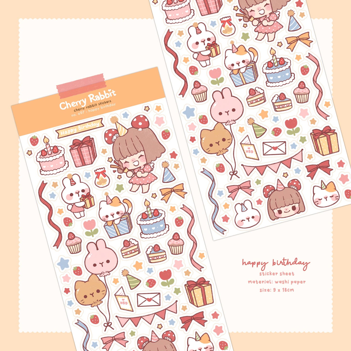 Cherry Rabbit Sticker Sheet - Happy Birthday