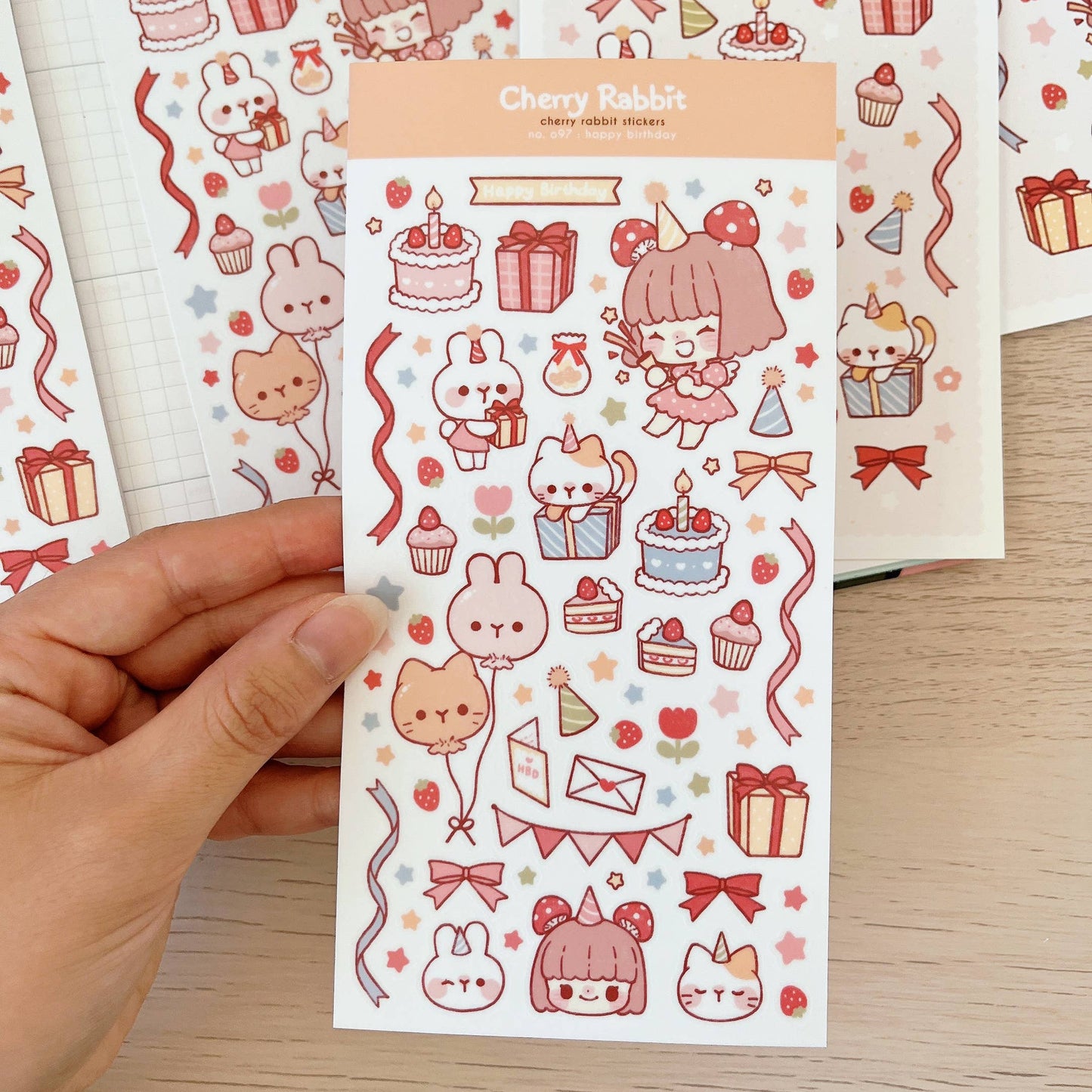 Cherry Rabbit Sticker Sheet - Happy Birthday