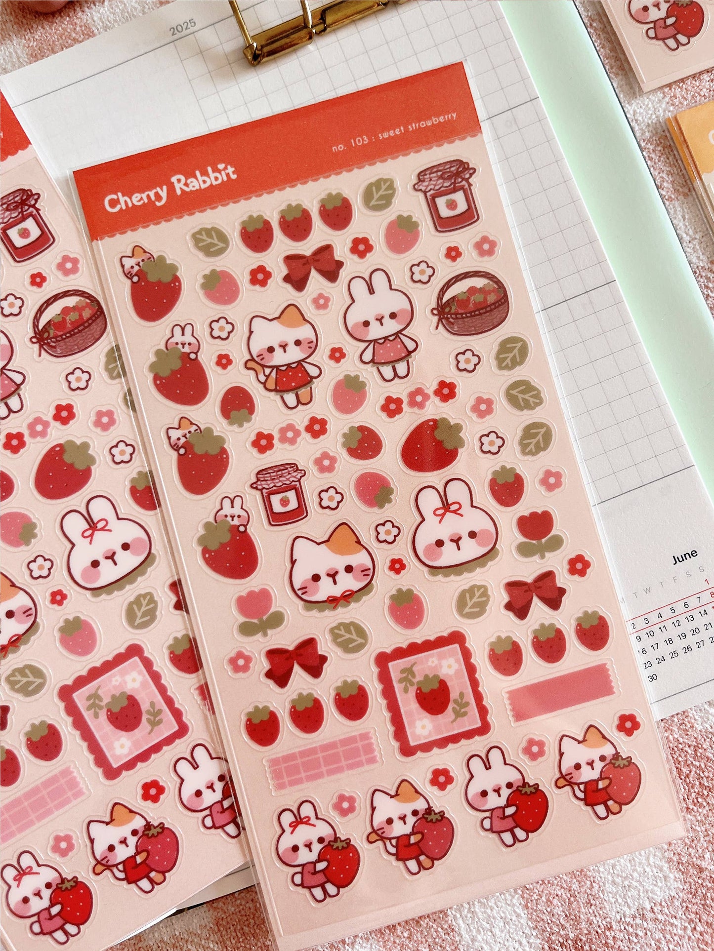 Cherry Rabbit Sticker Sheet - Sweet Strawberry