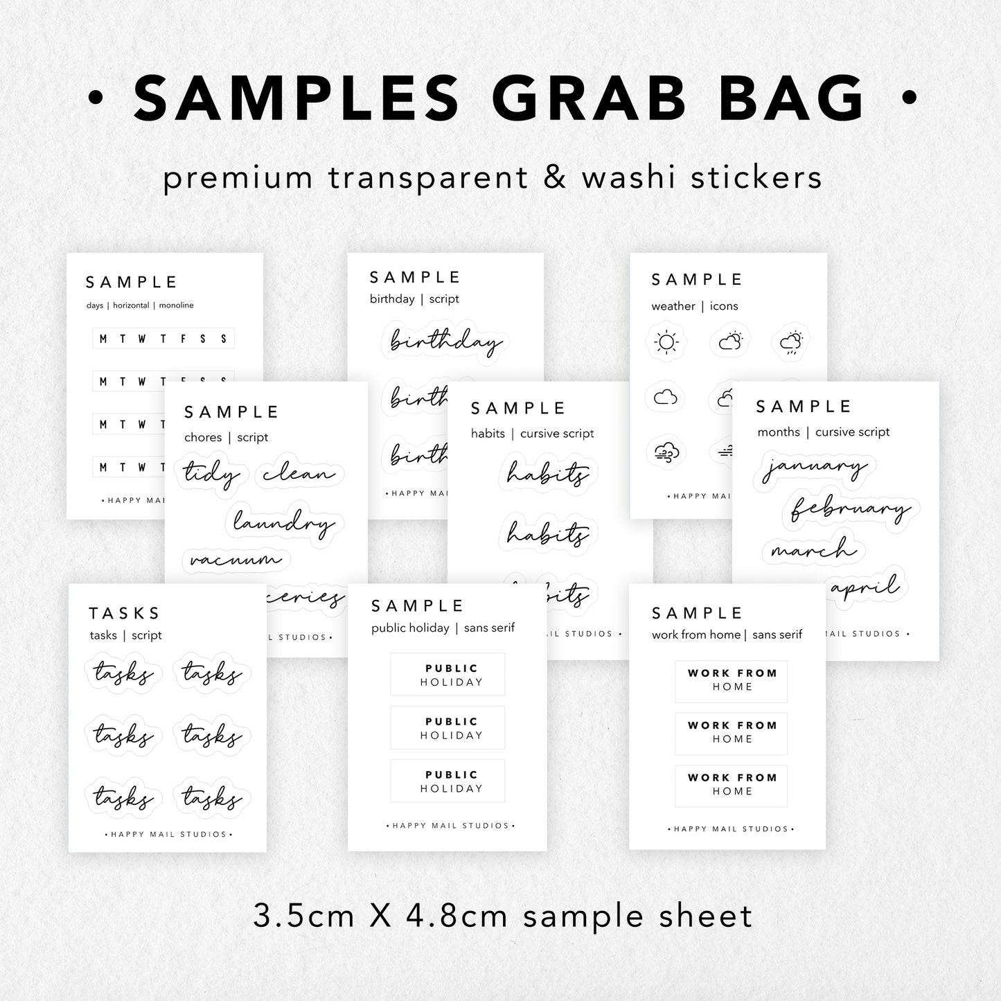 Samples grab bag of stickers. These Sample Grab Bags are great for sampling our range. Choose from 5, 10 or 20 samples per bag.