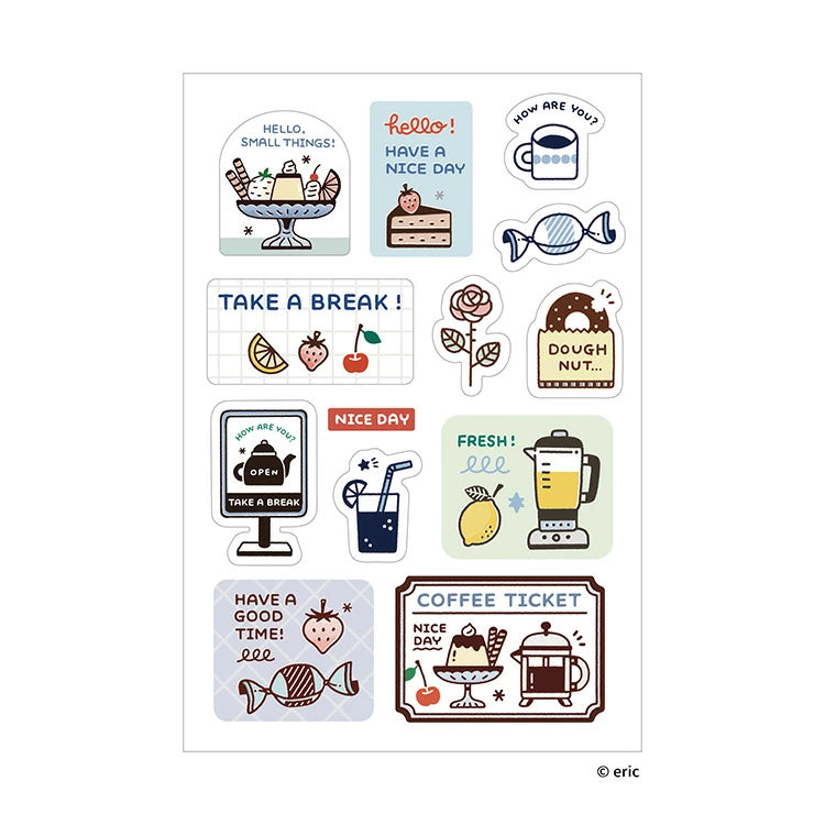 Sanby x Eric Small Things Multi-Sticker Sheet with coffee, dessert and candy stickers
