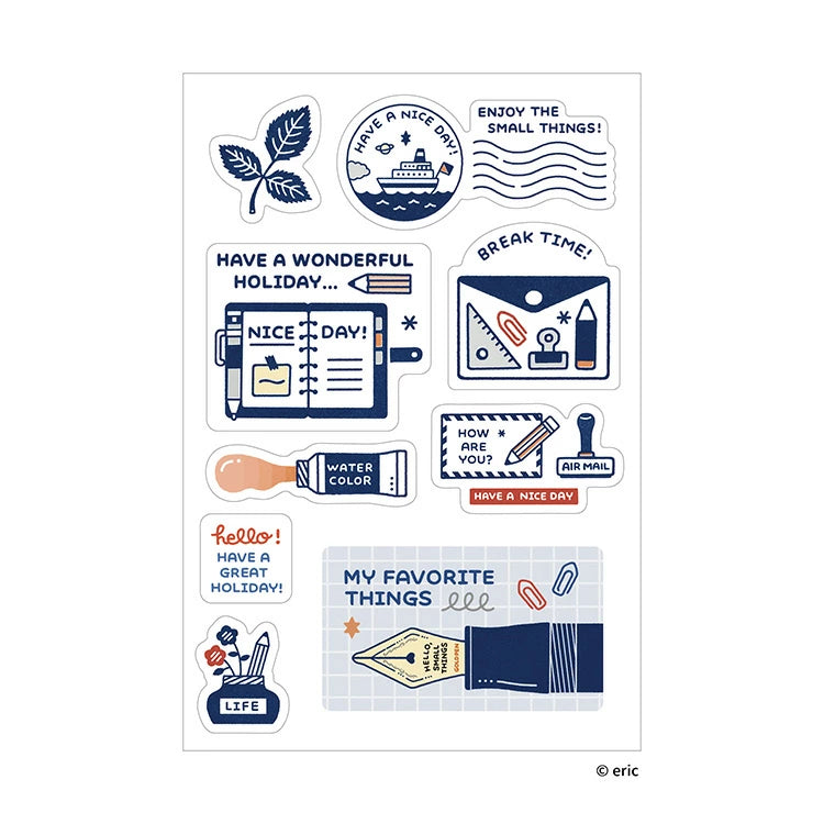 Sanby x Eric Small Things Multi-Sticker Sheet with stationery and postage items