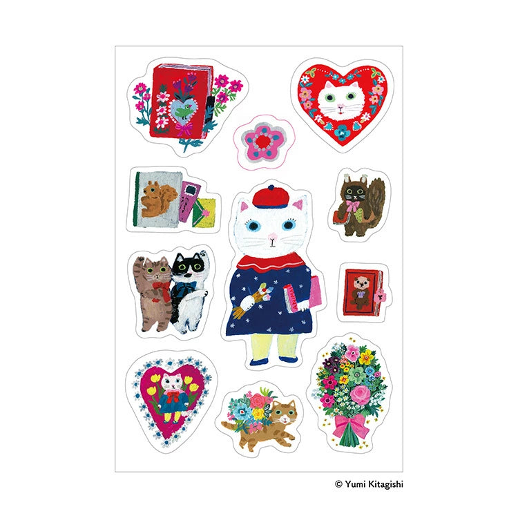 Sanby x Yumi Kitagishi Multi-Sticker Sheet with colourful cat, flower and journal stickers