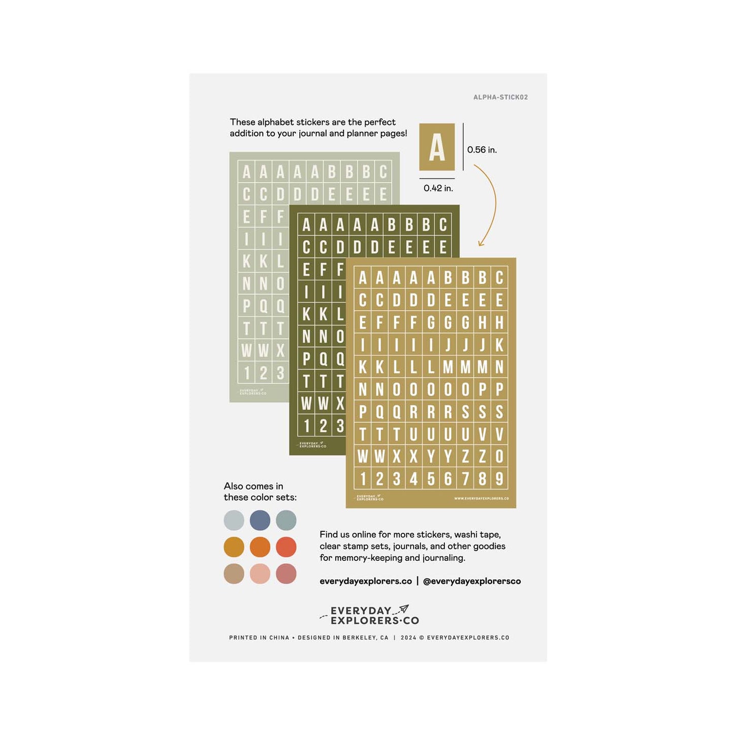 Everyday Explorers Co. Sticker Sheet - Alphabet - Simply Sage (Set of 3)