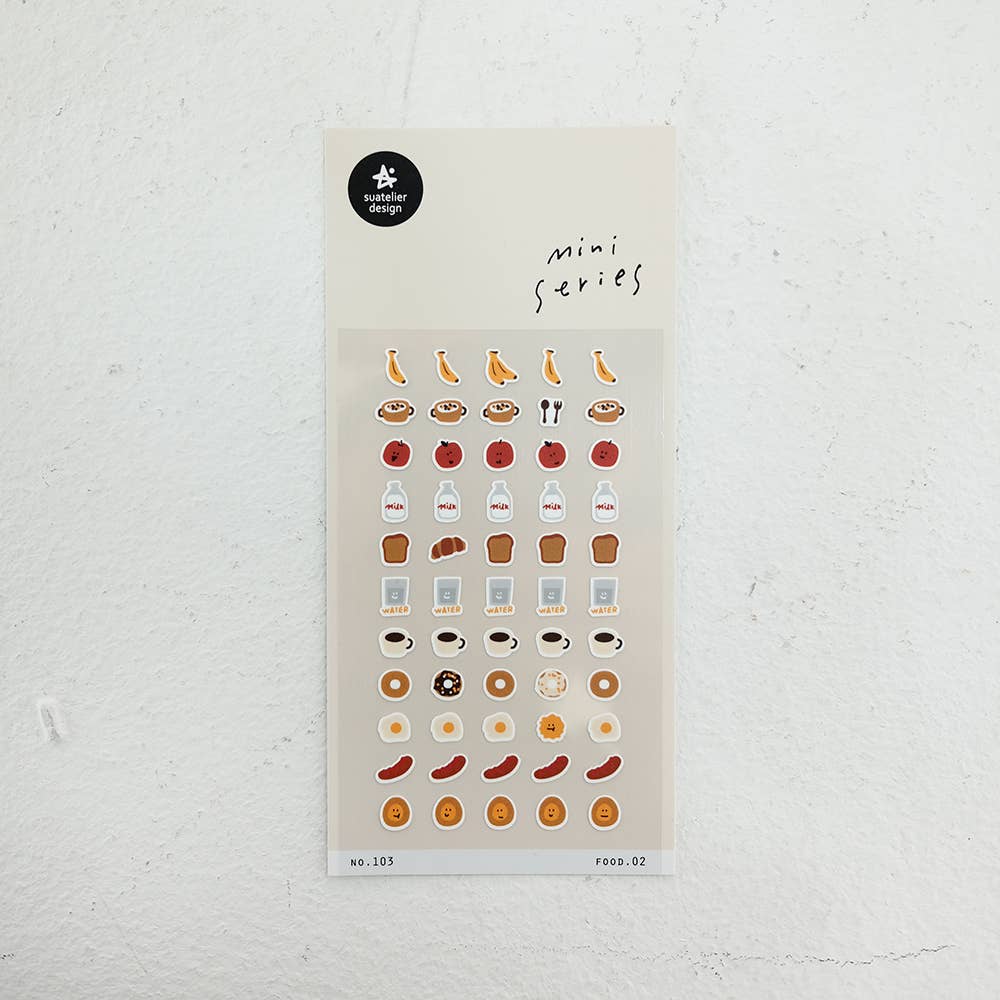 Sheet of small Suatelier stickers with food and breakfast items on a white background