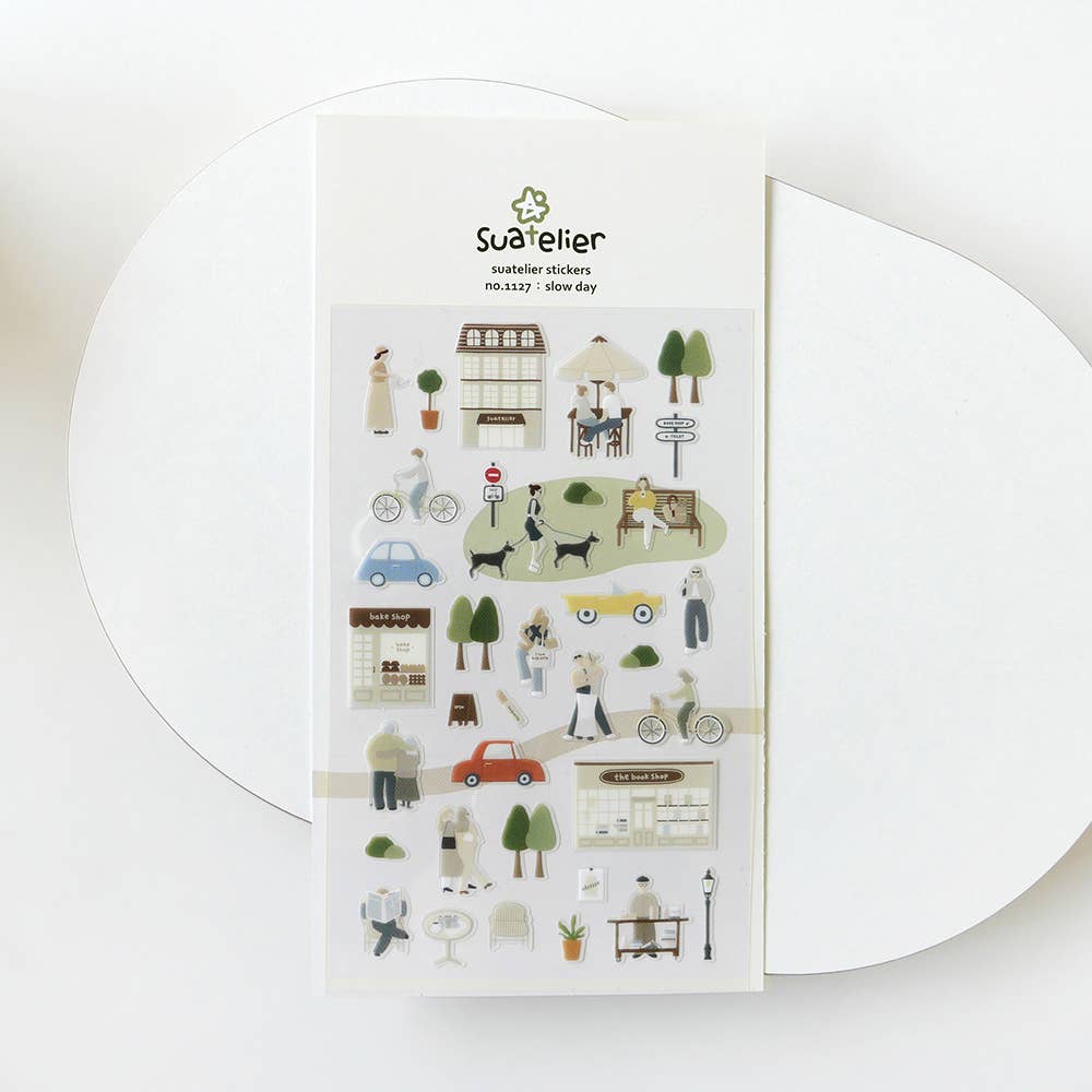 Pack of decorative Suatelier stickers with park illustrations on a white background