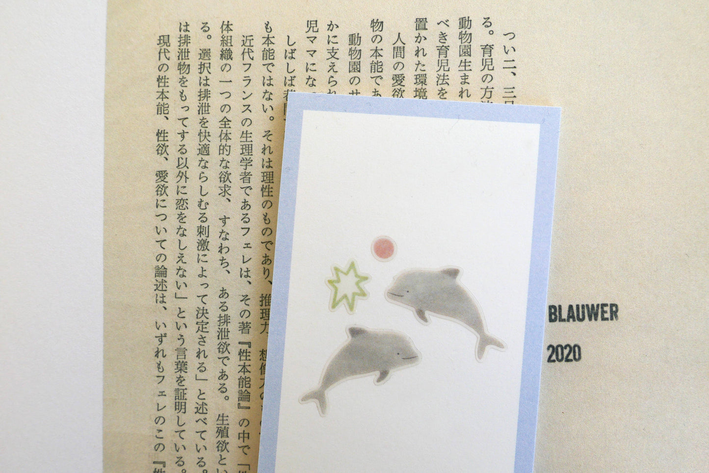 Two dolphin stickers and a star, placed on top of Japanese text.