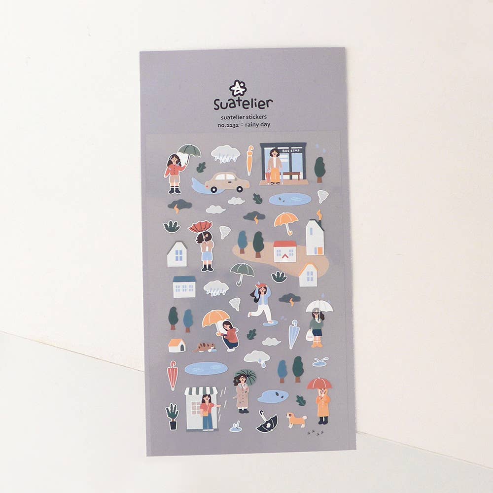 Suatelier sticker sheet with illustrations of people on rainy day on a grey background