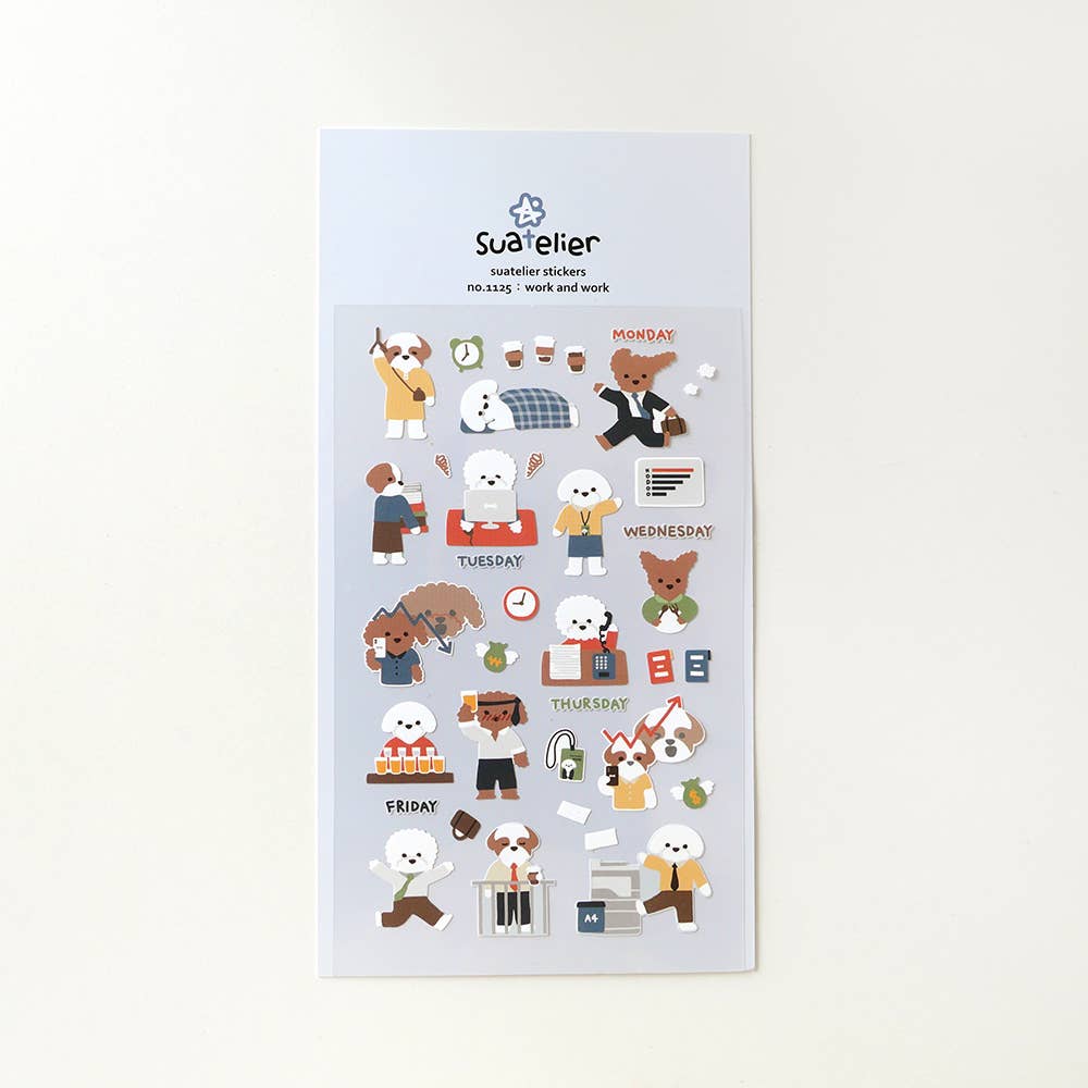 Sheet of Suatelier stickers with cartoon dog characters for each day of the week on a light blue background.