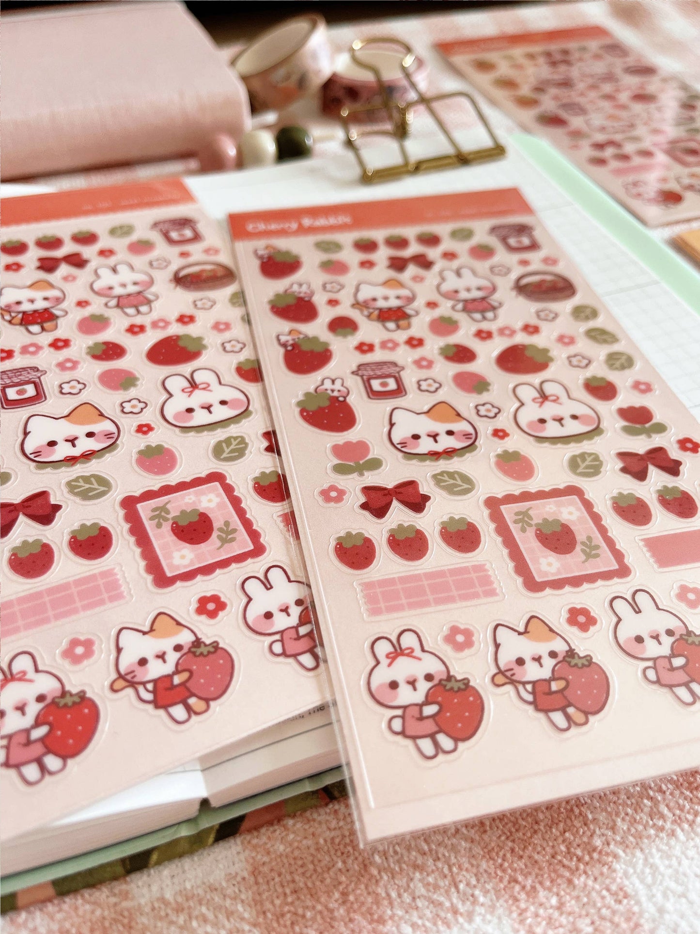 Cherry Rabbit Sticker Sheet - Sweet Strawberry