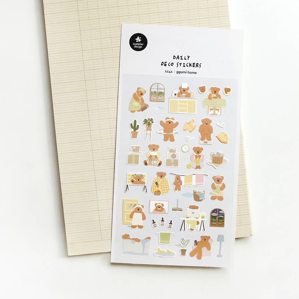 Sheet of decorative Suatelier stickers with bear illustrations on a white background