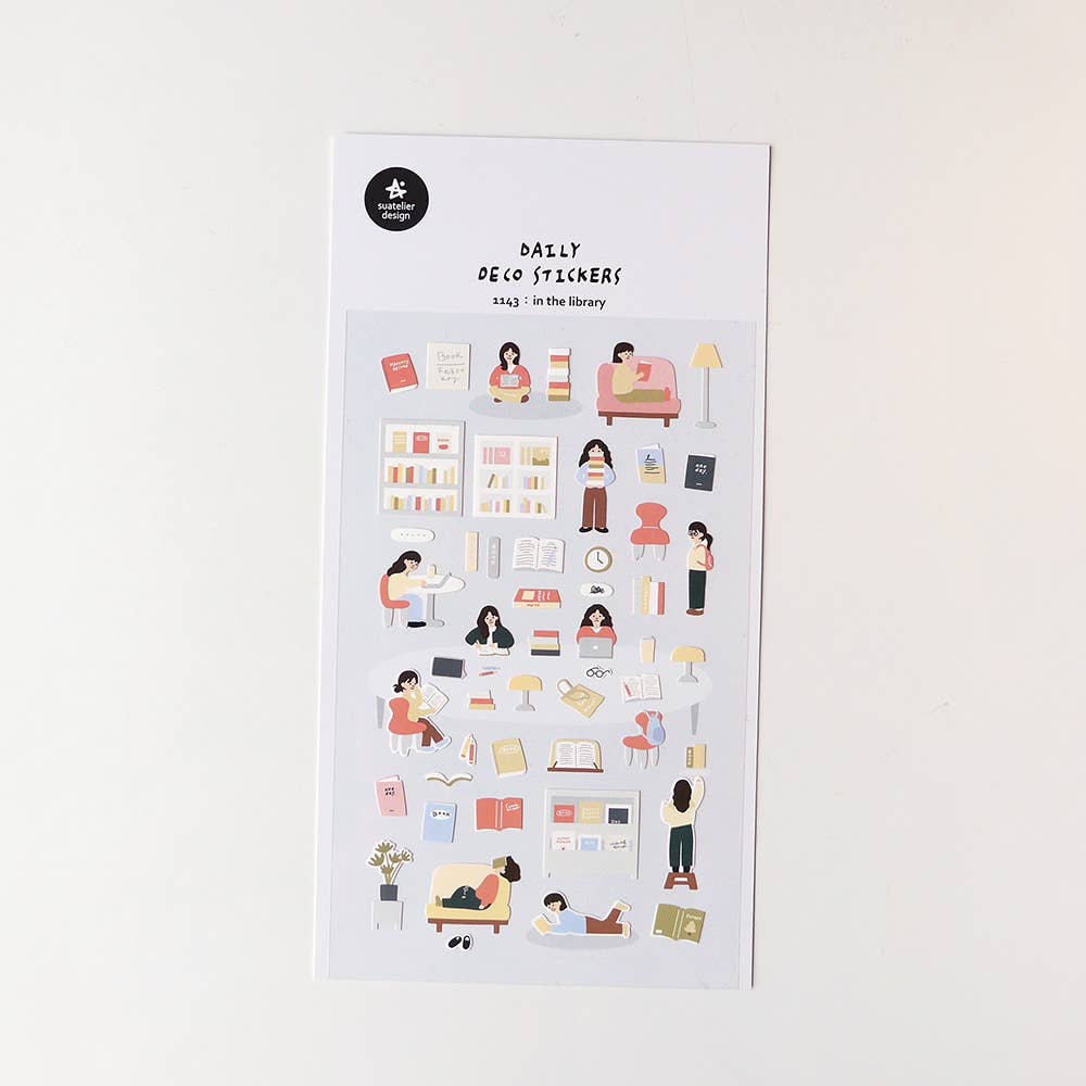 Sheet of decorative Suatelier stickers with library scene illustrations on a white background