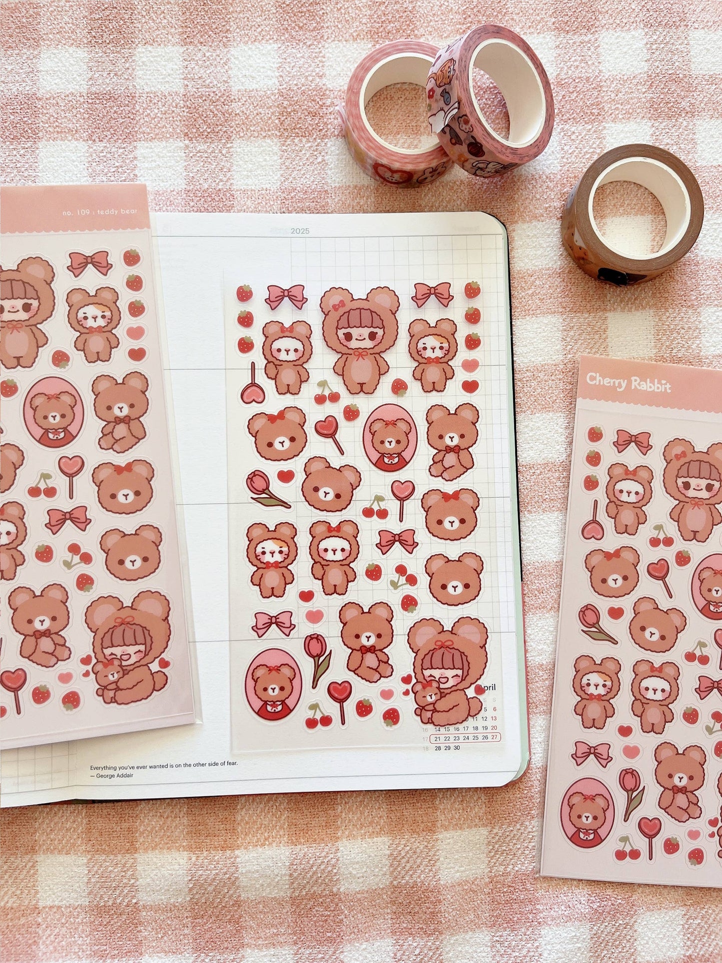 Cherry Rabbit Sticker Sheet - Teddy Bear