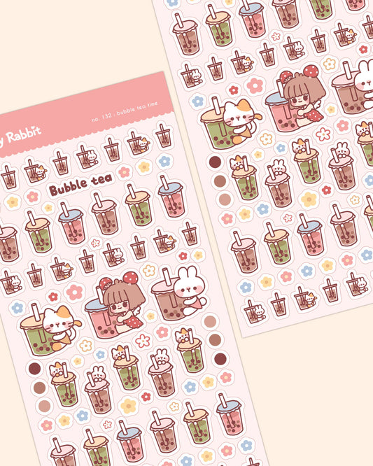 Cherry Rabbit Sticker Sheet - Bubble Tea Time
