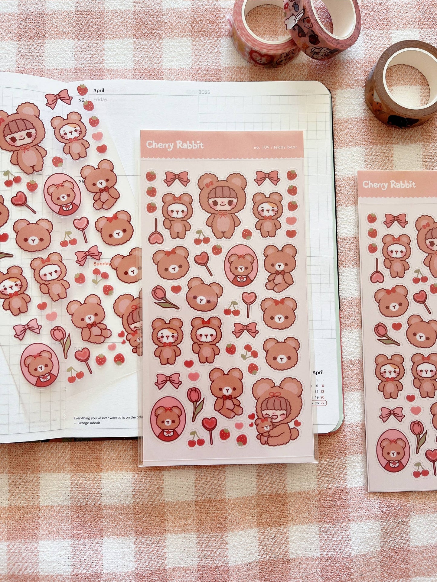 Cherry Rabbit Sticker Sheet - Teddy Bear