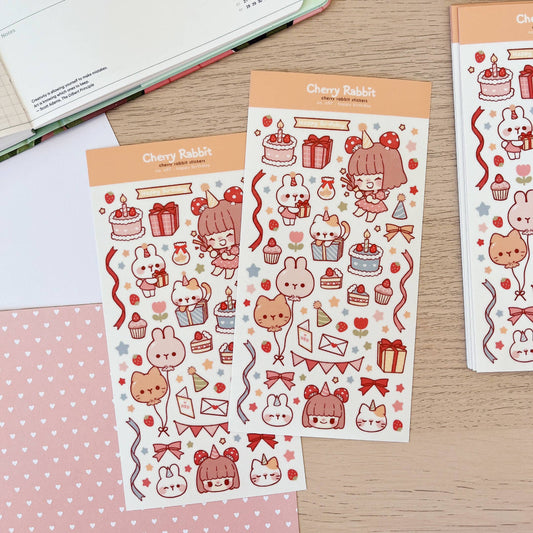 Cherry Rabbit Sticker Sheet - Happy Birthday