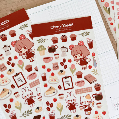 Cherry Rabbit Sticker Sheet - Coffee & Cake