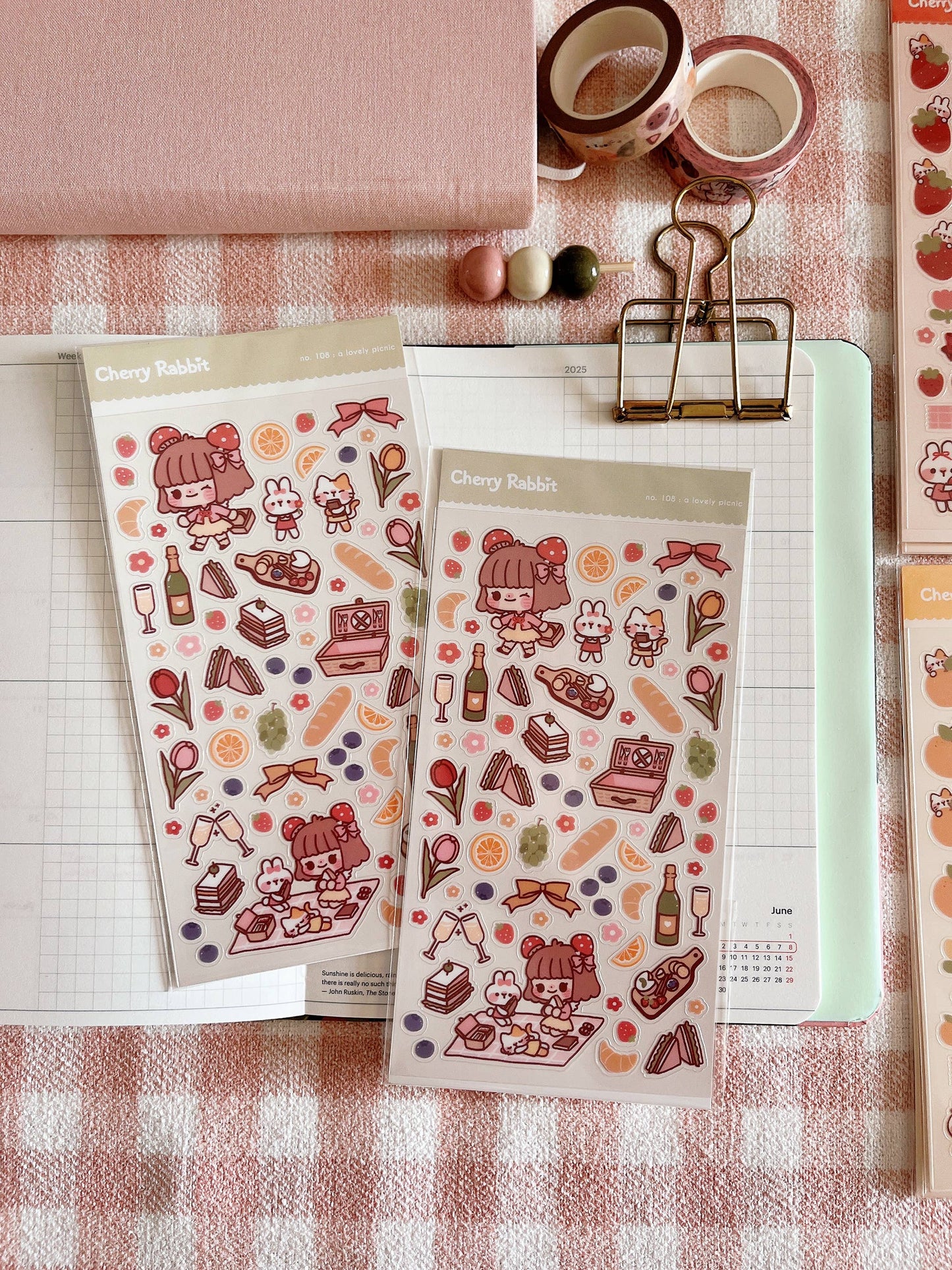Cherry Rabbit Sticker Sheet - Lovely Picnic