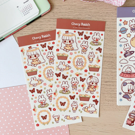 Cherry Rabbit Sticker Sheet - Flowers & Butterflies