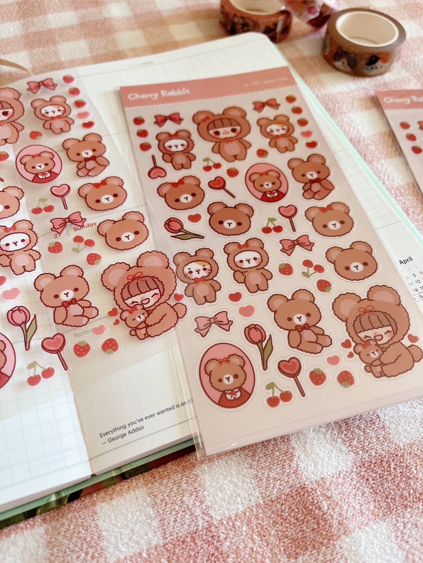 Cherry Rabbit Sticker Sheet - Teddy Bear