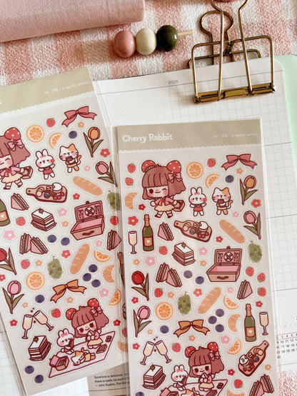 Cherry Rabbit Sticker Sheet - Lovely Picnic