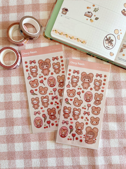 Cherry Rabbit Sticker Sheet - Teddy Bear