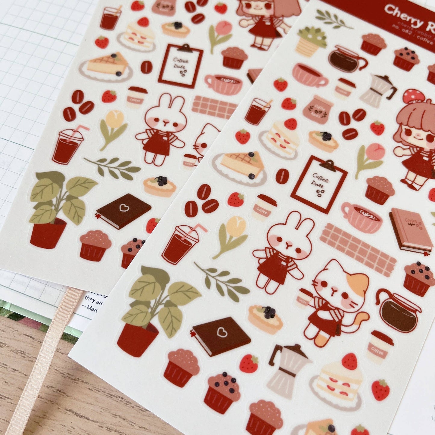 Cherry Rabbit Sticker Sheet - Coffee & Cake