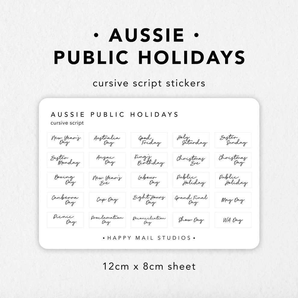 Australian Public Holidays Cursive Script Stickers – Happy Mail Studios