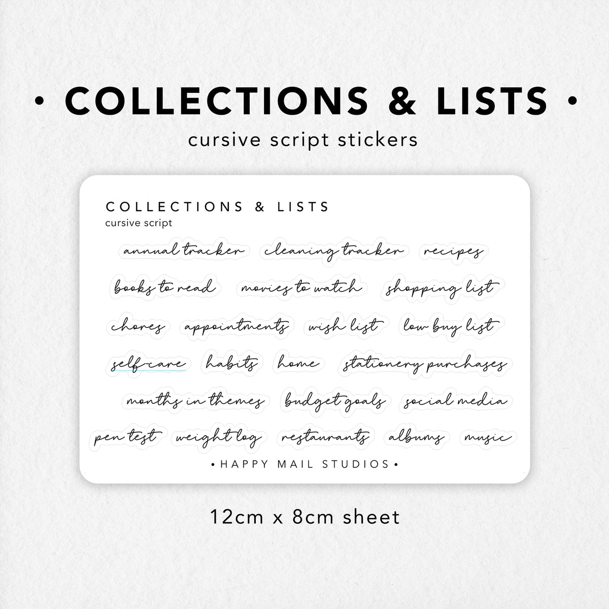 Collection In Cursive Collections and Lists Cursive Script Stickers – Happy Mail Studios