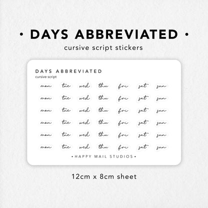 Abbreviated Days of the Week Cursive Script Stickers