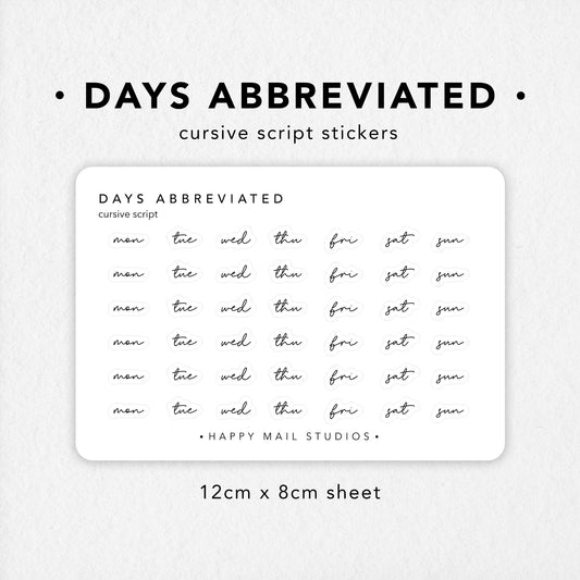 Abbreviated Days of the Week Cursive Script Stickers