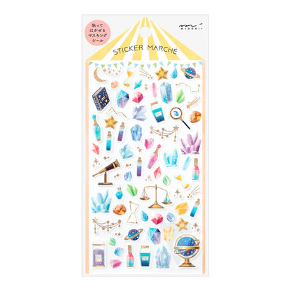 Sticker sheet with various celestial and magical-themed Midori stickers on a white background.