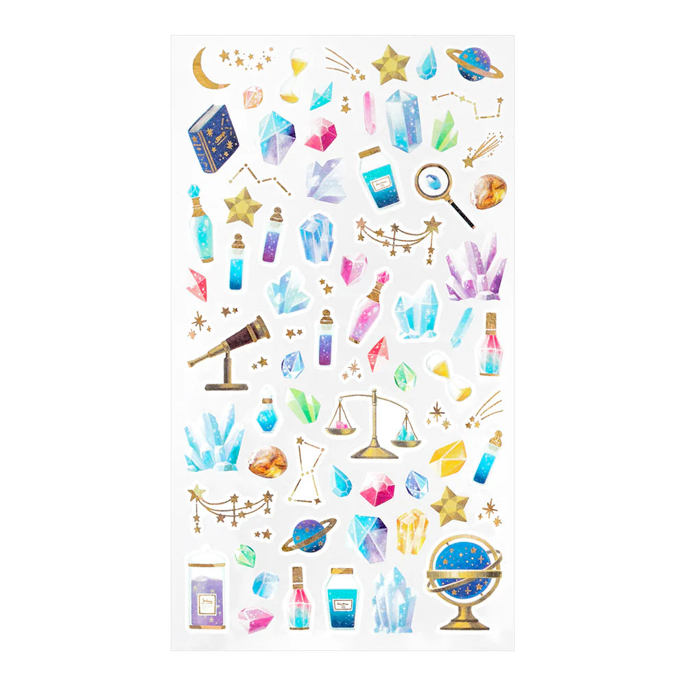 Sheet of colorful astrology-themed Midori stickers on a white background