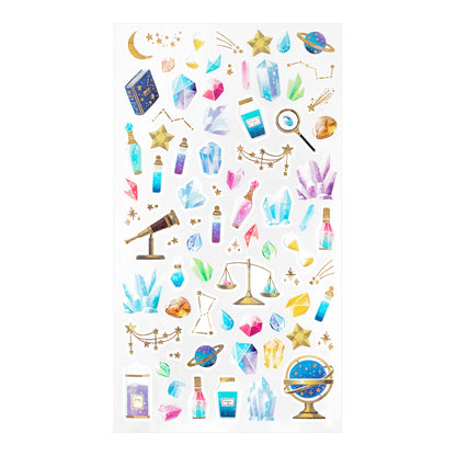 Sheet of colorful astrology-themed Midori stickers on a white background