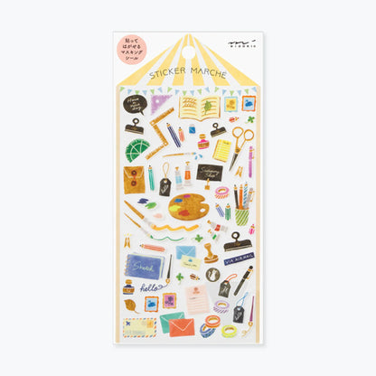 Sheet of decorative Midori stickers with stationery-themed illustrations on a white background