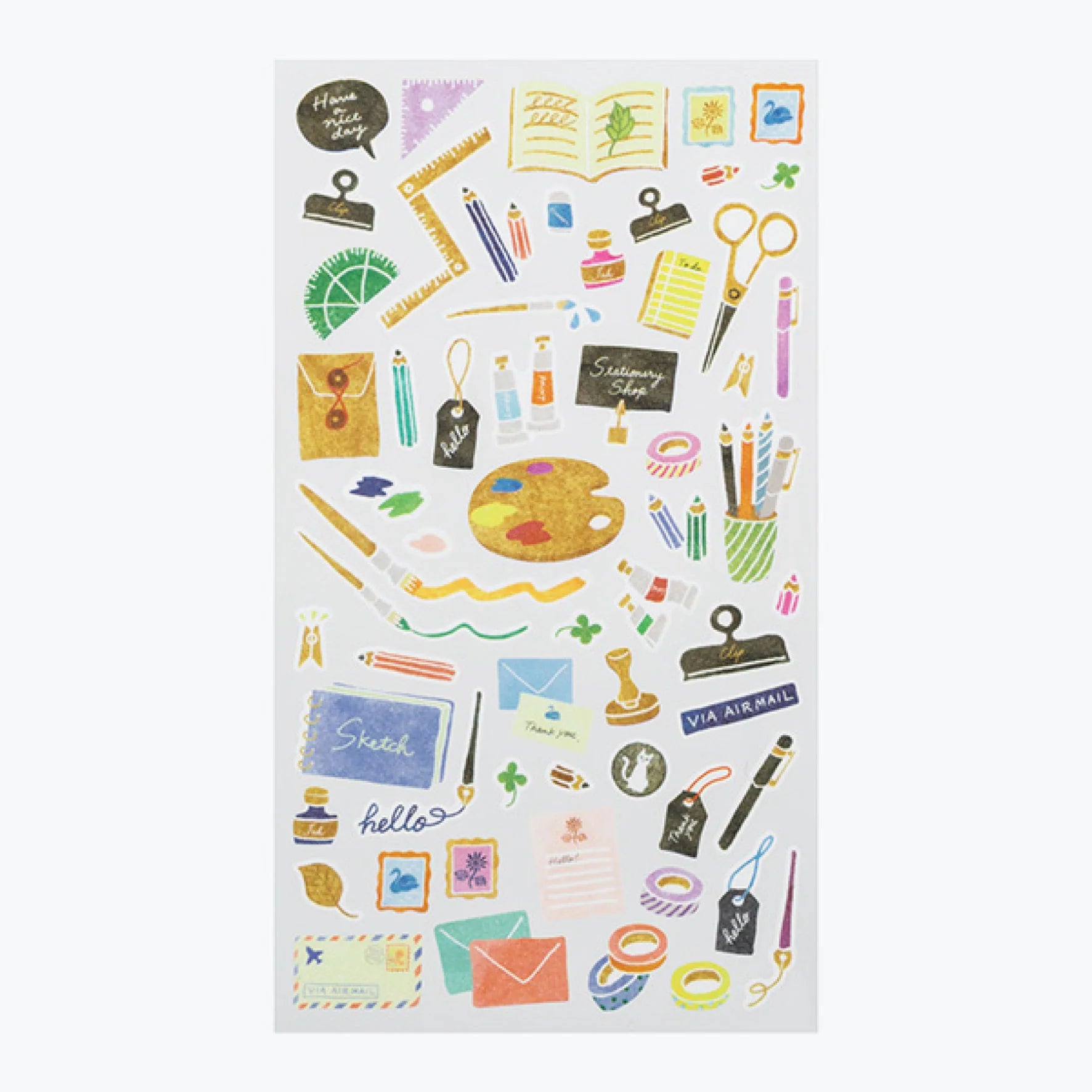 Sheet of colorful stationery-themed Midori stickers on a white background