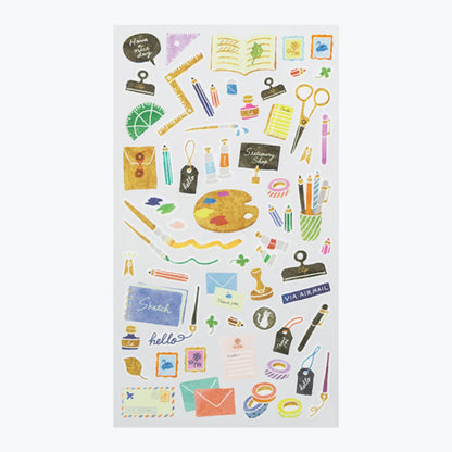 Sheet of colorful stationery-themed Midori stickers on a white background