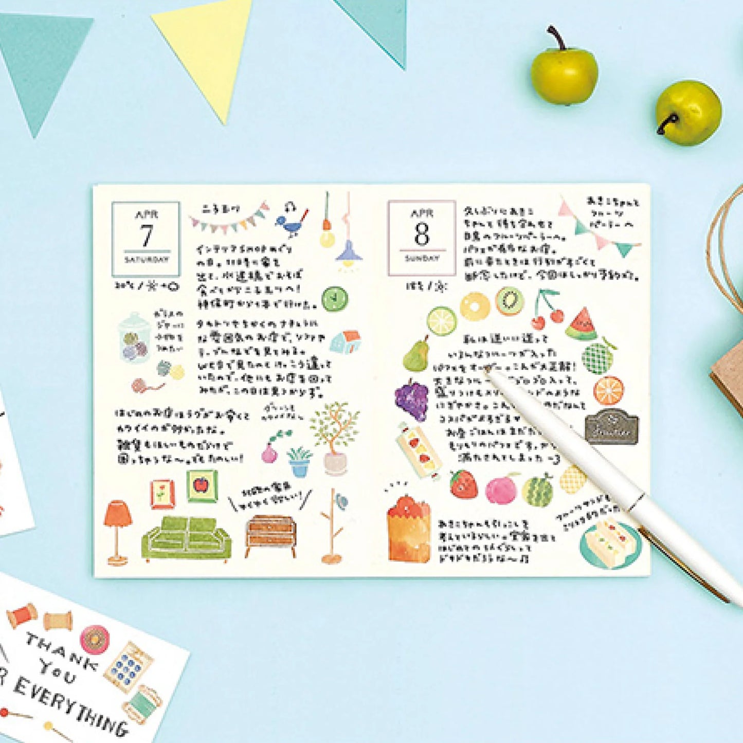 Notebook page with calendar and illustrations on a light blue background