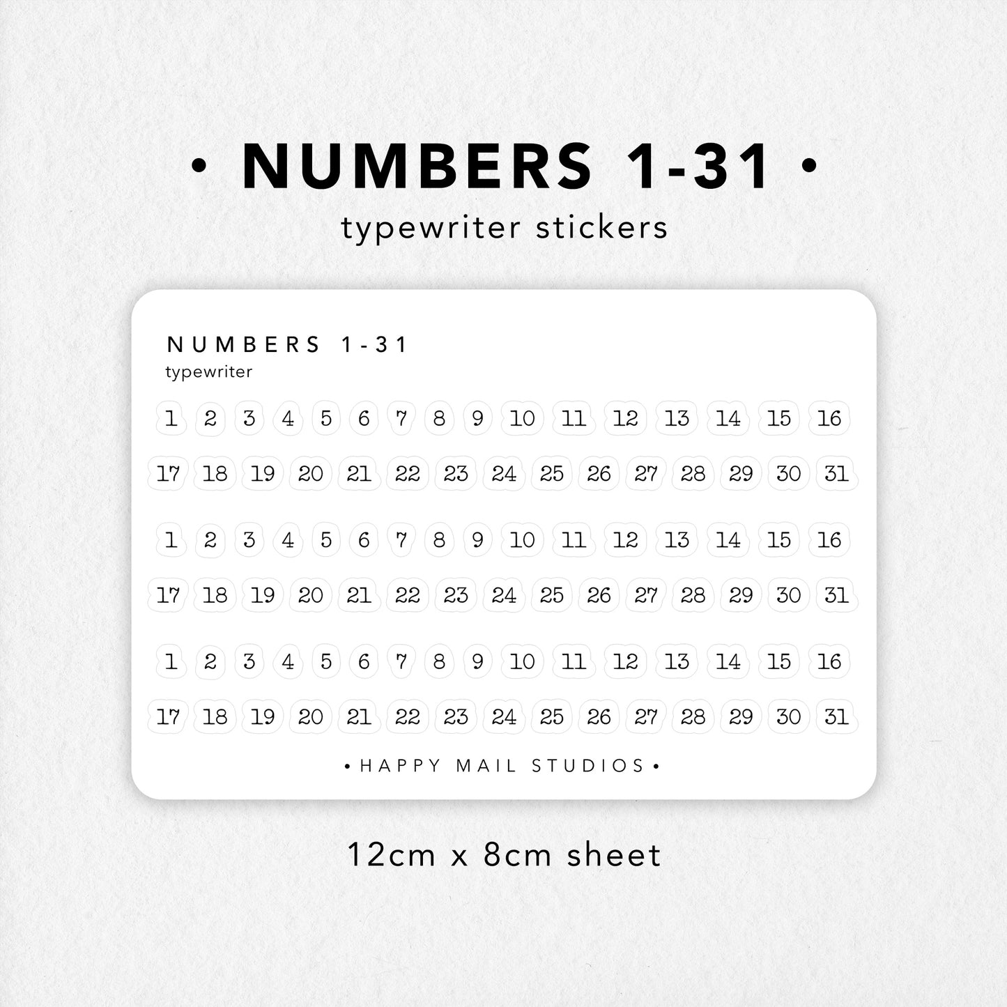Individual Numbers from 1 to 31 stickers to customise your planners and bullet journals. Numbers in typewriter font style.