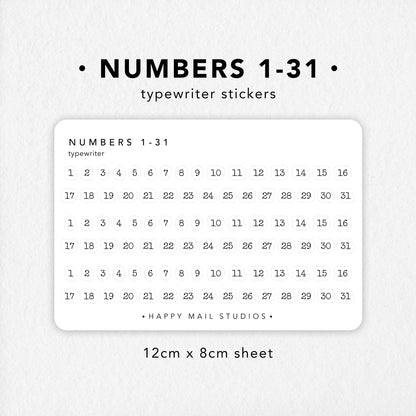 Individual Numbers from 1 to 31 stickers to customise your planners and bullet journals. Numbers in typewriter font style.