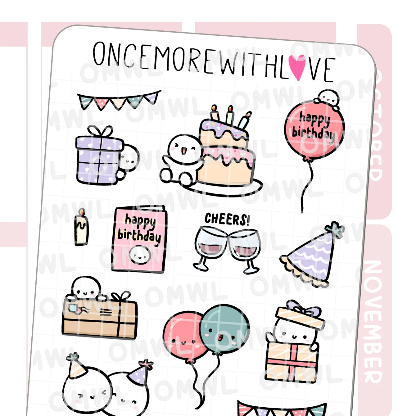 Once More With Love Sticker Sheet - Large Birthday Deco Doodles