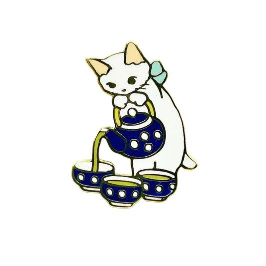 Pottering Cat Enamel Pin - Tea Art