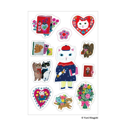 Sanby x Yumi Kitagishi Multi-Sticker Sheet with colourful cat, flower and journal stickers