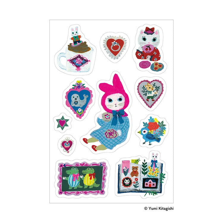 Sanby x Yumi Kitagishi Multi-Sticker Sheet with colourful cat and journal stickers