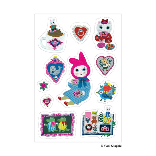 Sanby x Yumi Kitagishi Multi-Sticker Sheet with colourful cat and journal stickers